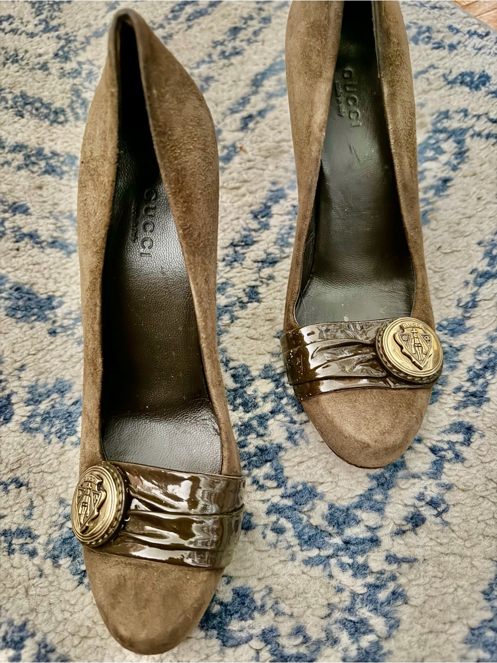 Gucci Women's Brown Suede Pumps with Patent Trim
